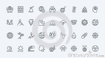 Global environment, extreme weather disasters due to climate change thin line icons set Vector Illustration