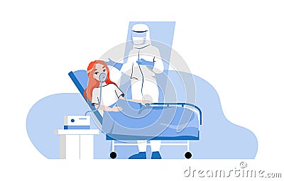 Global Epidemic Concept. Hospital Worker In Virus Disposable Coverall Clothing Medical Protective Suit Near Infected Vector Illustration