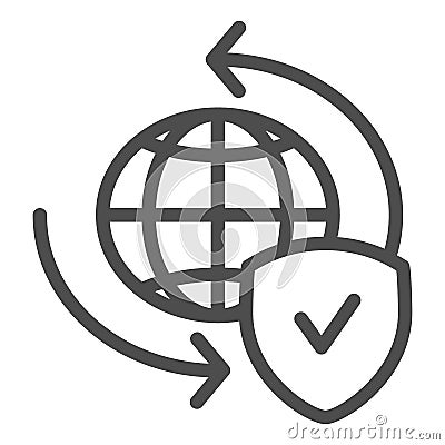 Global exchange line icon. Planet with shield vector illustration isolated on white. World globe and tick outline style Vector Illustration
