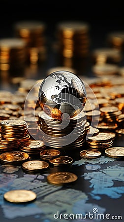 Global finance represented by coins, banknotes, and a globe on statistics Stock Photo