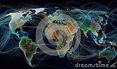 Global flow visualization, intricate network of data streams, vibrant colors, representing global connections and Stock Photo