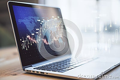 Global forex trade market concept with virtual financial graphs and market exchange indicators on laptop screen at background. Stock Photo