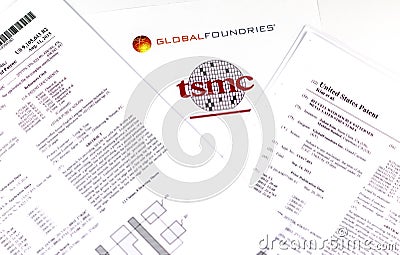 GLOBAL FOUNDRIES vs. TSMC. Logos of the semiconductor companies and two printed US patents which are claimed to be infringed by Editorial Stock Photo