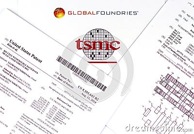 GLOBAL FOUNDRIES vs. TSMC. Logos of the semiconductor companies and two printed US patents which are claimed to be infringed by Editorial Stock Photo