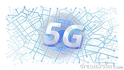 Global 5G connection, concept of internet network expansion. High-speed wireless communication. Particle motion lines Vector Illustration