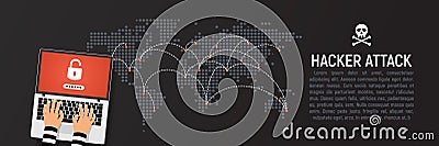 Global hacker attack world map vector illustration web banner rectangle template. World internet security in danger dark Cartoon Illustration