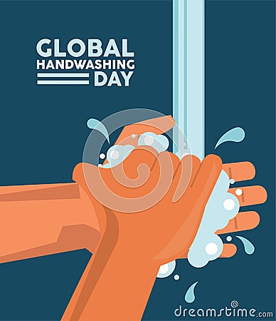 Global handwashing day lettering with hands washing Vector Illustration
