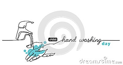 Global Handwashing Day minimalist line art border, web banner, simple vector background with hands and water that flows Vector Illustration