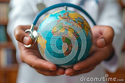 Global health check Doctor listens to a world globe with stethoscope Stock Photo