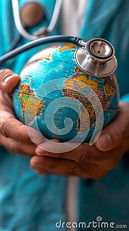 Global health check Doctor listens to a world globe with stethoscope Stock Photo