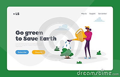 Global Heating Impact Landing Page Template. Woman Volunteer Character Care of Plant Watering from Can on Nature Vector Illustration