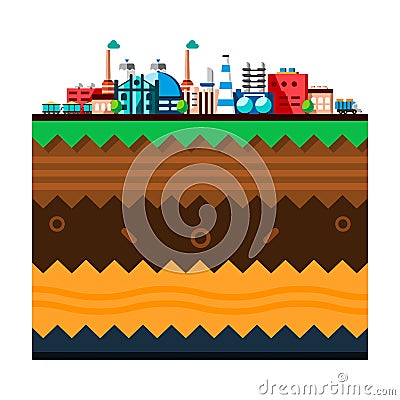 Global industrial factory technology process with ecology concept. Structure of the earth. Flat illustration of Vector Illustration