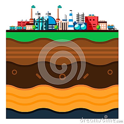 Global industrial technology process with ecology concept. Structure of the earth. Flat illustration of manufacturing Vector Illustration