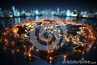 Global information web, World map with glowing lines symbolizing interconnected communications Stock Photo