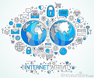 Global internet connection concept, planet earth with different icons set, internet activity, big data, global communication, Vector Illustration
