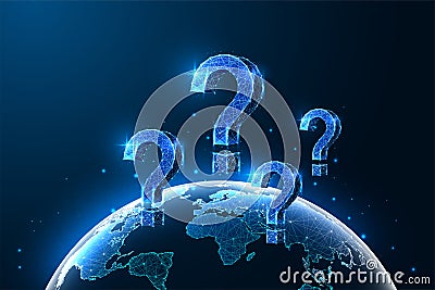 Global issues concept with Earth globe and question marks in futuristic glowing low polygonal style Vector Illustration