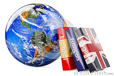 Global Language Learning, concept. Textbooks or dictionaries with Earth Globe. 3D rendering Stock Photo