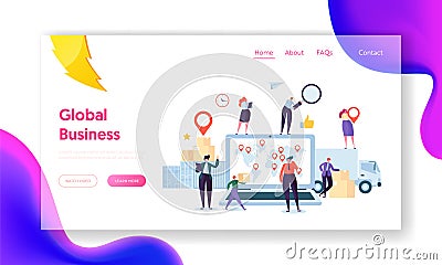 Global Logistic Business Team Cooperation Landing Page. Female with Geotag Symbol stay on Delivery Trailer. Worldwide Vector Illustration