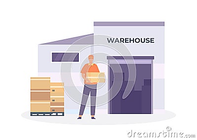 Global logistic chain. Male character carrying parcels to warehouse. Cartoon worker in uniform unloading boxes Vector Illustration