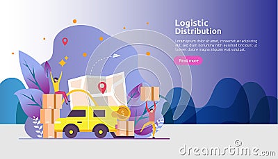 global logistic distribution service illustration concept. delivery worldwide import export shipping banner with people character Vector Illustration