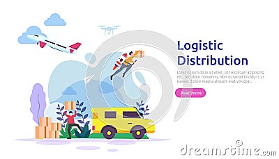 global logistic distribution service illustration concept. delivery worldwide import export shipping banner with people character Vector Illustration