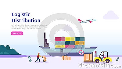 global logistic distribution service illustration concept. delivery worldwide import export shipping banner with people character Vector Illustration