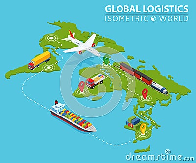 Global Logistic Isometric Vehicle Infographic. Ship Cargo Truck Van Logistics Service. Import Export Chain. Ensured Vector Illustration