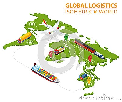 Global Logistic Isometric Vehicle Infographic. Ship Cargo Truck Van Logistics Service. Import Export Chain. Ensured Vector Illustration