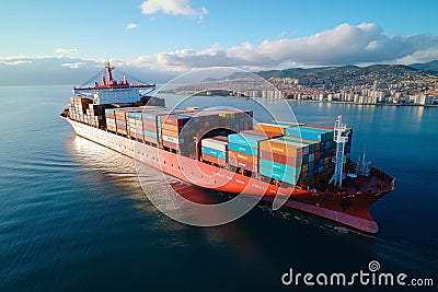 Global logistic trade portrayed by aerial container ship view on international open sea Stock Photo