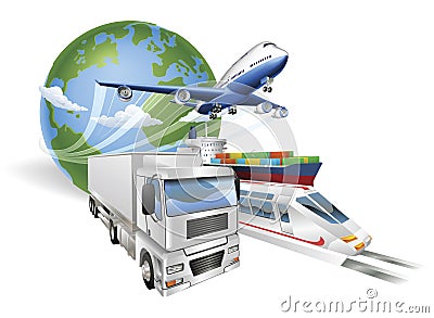 Global logistics concept airplane truck train ship Vector Illustration