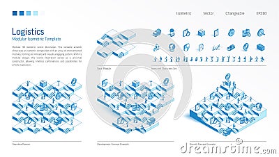 Global Logistics import, export, modular isometric constructor. Seamless pattern base, line icon, character set Vector Illustration