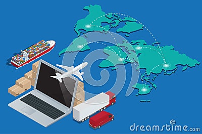 Global logistics network Concept of air cargo trucking rail transportation maritime shipping customs clearance Vector Illustration