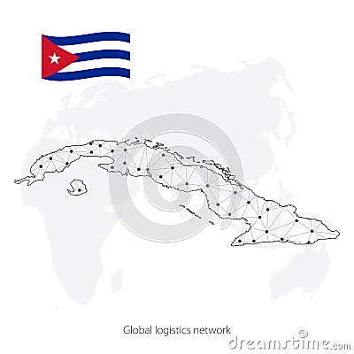 Global logistics network concept. Communications network map Cuba on the world background. Map of Cuba with nodes in polygonal st Vector Illustration