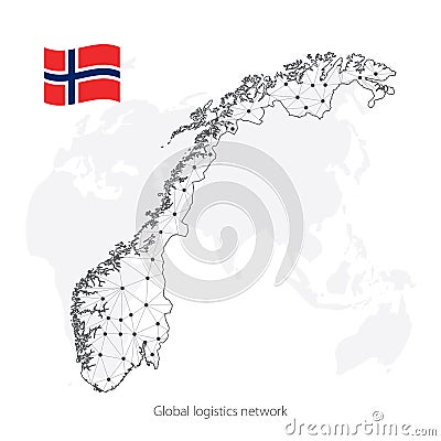 Global logistics network concept. Communications network map Norway on the world background. Map of Norway with nodes in polygon Vector Illustration