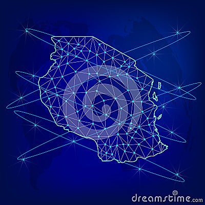 Global logistics network concept. Communications network map Tanzania on the world background. Map Republic of Tanzania with node Vector Illustration