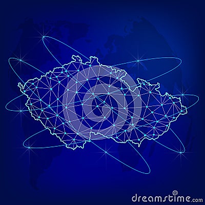 Global logistics network concept. Communications network map Czech on the world background. Map of Czech with nodes in polygonal Vector Illustration