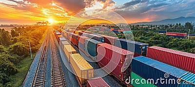 Global logistics network container ship and cargo trucks for import export industry. Stock Photo