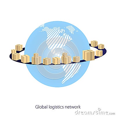 Global logistics network. Earth Globe Surrounded by Cardboard Boxes with Parcel Goods on a white background. Map global logistics Vector Illustration