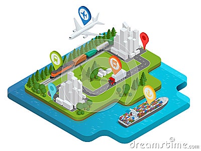 Global logistics network Flat 3d isometric vector illustration Air cargo trucking rail transportation maritime shipping Vector Illustration