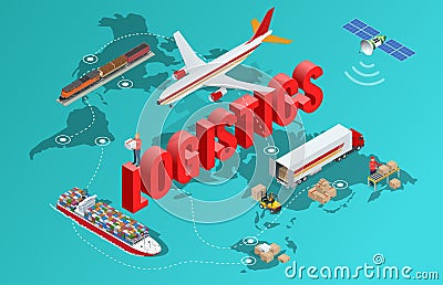 Global logistics network Flat 3d isometric vector illustration Set of air cargo trucking rail transportation maritime Vector Illustration