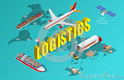 Global logistics network Flat 3d isometric vector illustration Set of air cargo trucking rail transportation maritime Vector Illustration