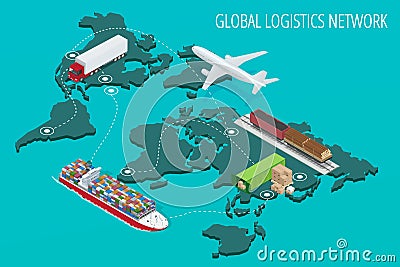 Global logistics network Flat 3d isometric vector illustration Set of air cargo trucking rail transportation maritime Vector Illustration