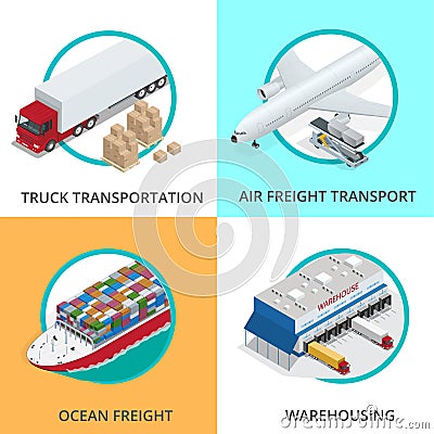 Global logistics network Flat 3d isometric vector illustration Set of air cargo trucking rail transportation maritime Vector Illustration