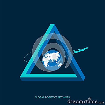 Global logistics network. Map global logistics partnership connection with Penrose Triangle in blue. Concept of global logistics Vector Illustration