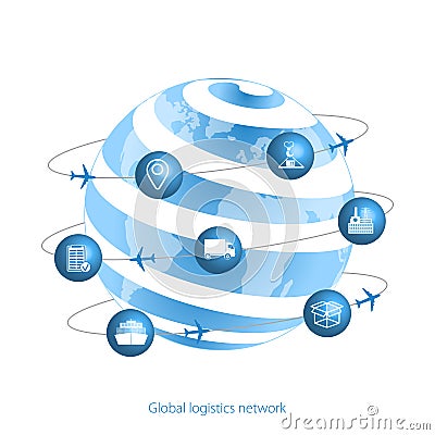 Global logistics network. Planet Earth and logistics icons in the form of satellites. Set icons transport and logistics. Flat de Vector Illustration