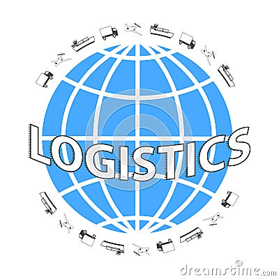 Global logistics network. Set icons: truck, airplane, cargo ship. Transportation over world. Vector Illustration