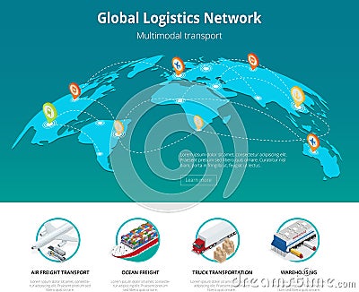 Global logistics network Web site concept Flat 3d isometric vector illustration Air cargo trucking rail transportation Vector Illustration