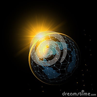 Global meshwork connections earth with sunrise. Global network. Vector Illustration