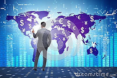 Global money transfer and exchange concept with businessman Stock Photo