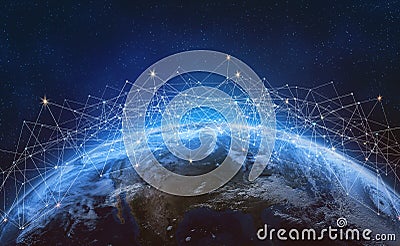 Global network across the planet Earth. Blockchain Stock Photo